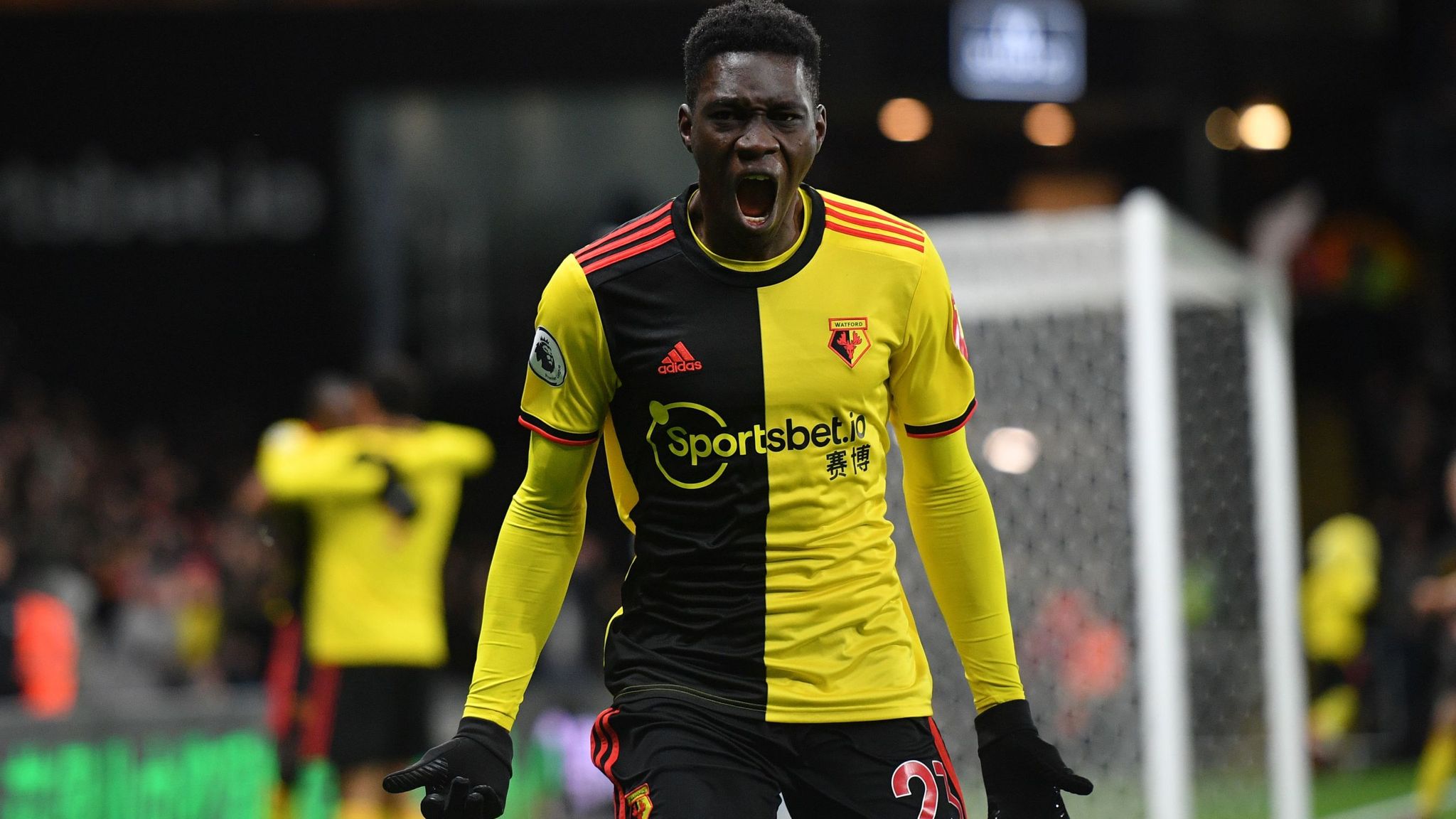 WATFORD, ENGLAND - DECEMBER 28: Ismaila Sarr of Watford celebrates after scoring his sides third goal during the Premier League match between Watford FC and Aston Villa at Vicarage Road on December 28, 2019 in Watford, United Kingdom.