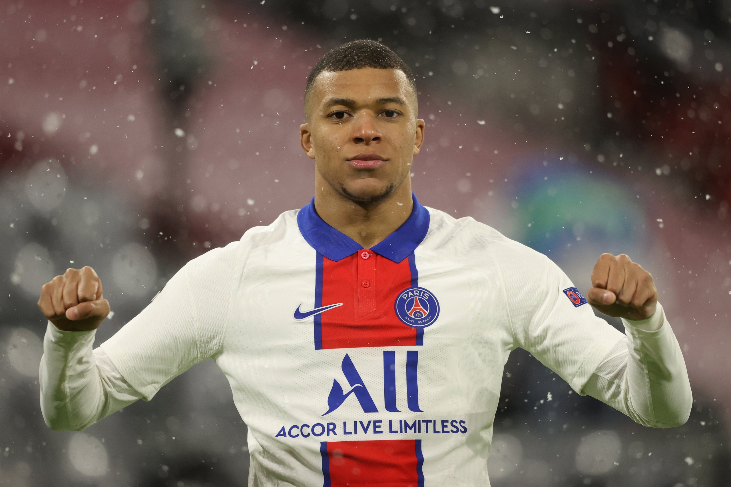 MUNICH, GERMANY - APRIL 07: Kylian Mbappe of Paris Saint-Germain celebrates after scoring their side's first goal during the UEFA Champions League Quarter Final match between FC Bayern Munich and Paris Saint-Germain at Allianz Arena on April 07, 2021 in Munich, Germany.