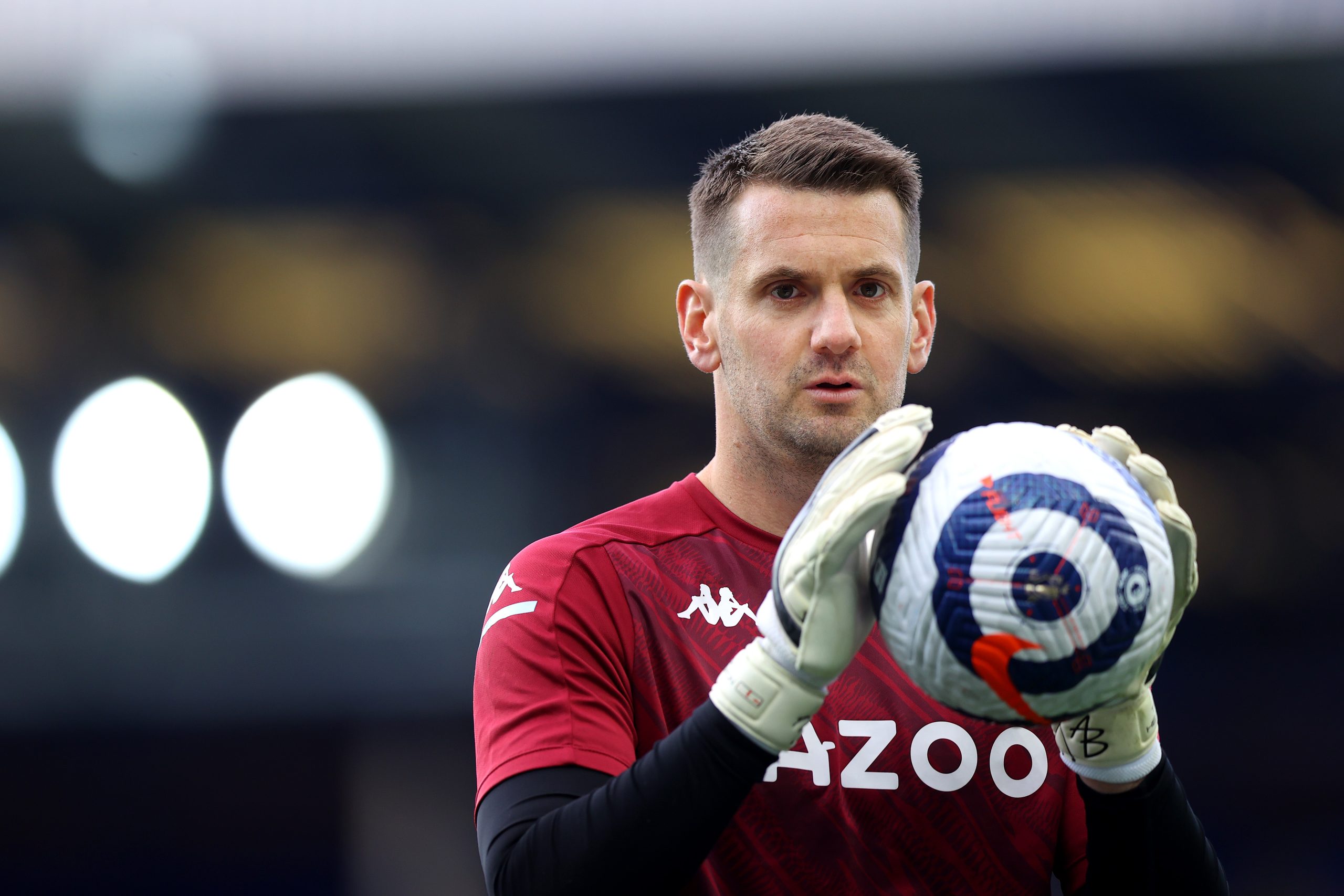 LIVERPOOL, ENGLAND - MAY 01: Tom Heaton of Aston Villa warms up prior to the Premier League match between Everton and Aston Villa at Goodison Park on May 01, 2021 in Liverpool, England.