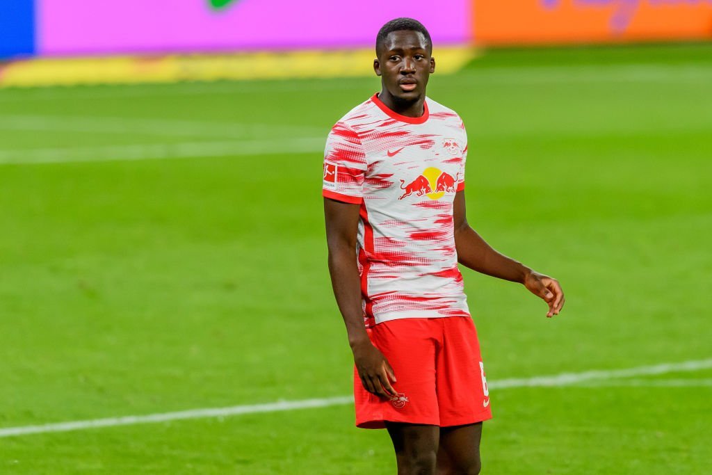 LEIPZIG, GERMANY - MAY 16: (BILD ZEITUNG OUT) Ibrahima Konate of RasenBallsport Leipzig looks on during the Bundesliga match between RB Leipzig and VfL Wolfsburg at Red Bull Arena on May 16, 2021 in Leipzig, Germany.