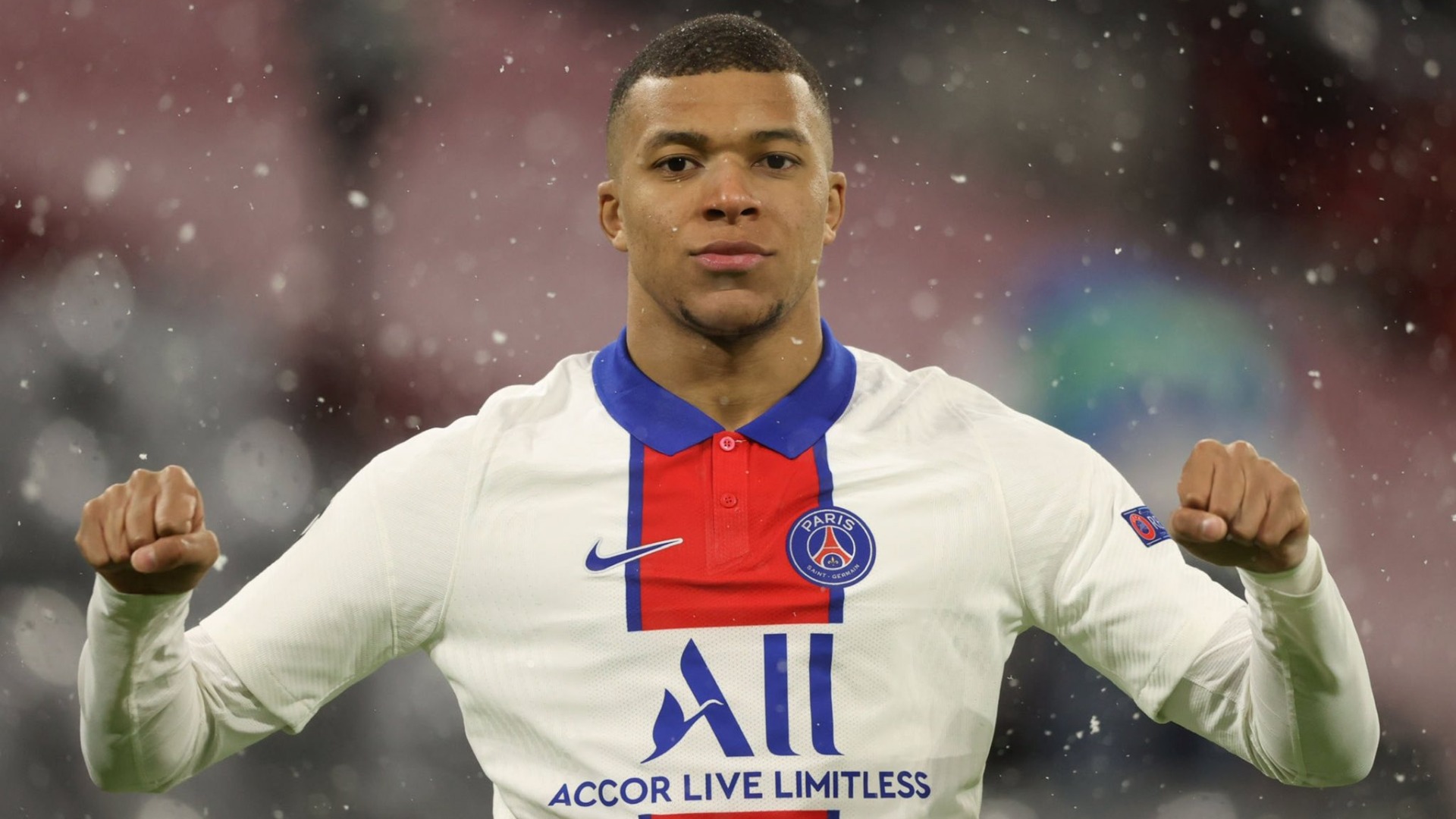MUNICH, GERMANY - APRIL 07: Kylian Mbappe of Paris Saint-Germain celebrates after scoring their side's first goal during the UEFA Champions League Quarter Final match between FC Bayern Munich and Paris Saint-Germain at Allianz Arena on April 07, 2021 in Munich, Germany.
