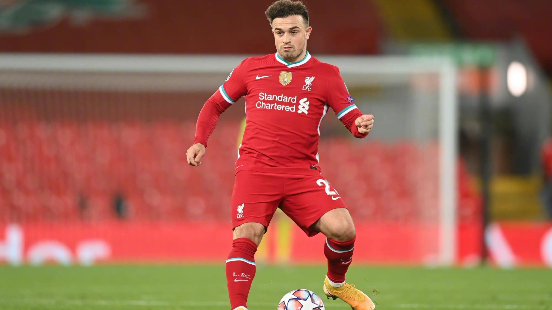 LIVERPOOL, ENGLAND - OCTOBER 27: Xherdan Shaqiri of Liverpool in action during the UEFA Champions League Group D stage match between Liverpool FC and FC Midtjylland at Anfield on October 27, 2020 in Liverpool, England. (Photo by Michael Regan/Getty Images)