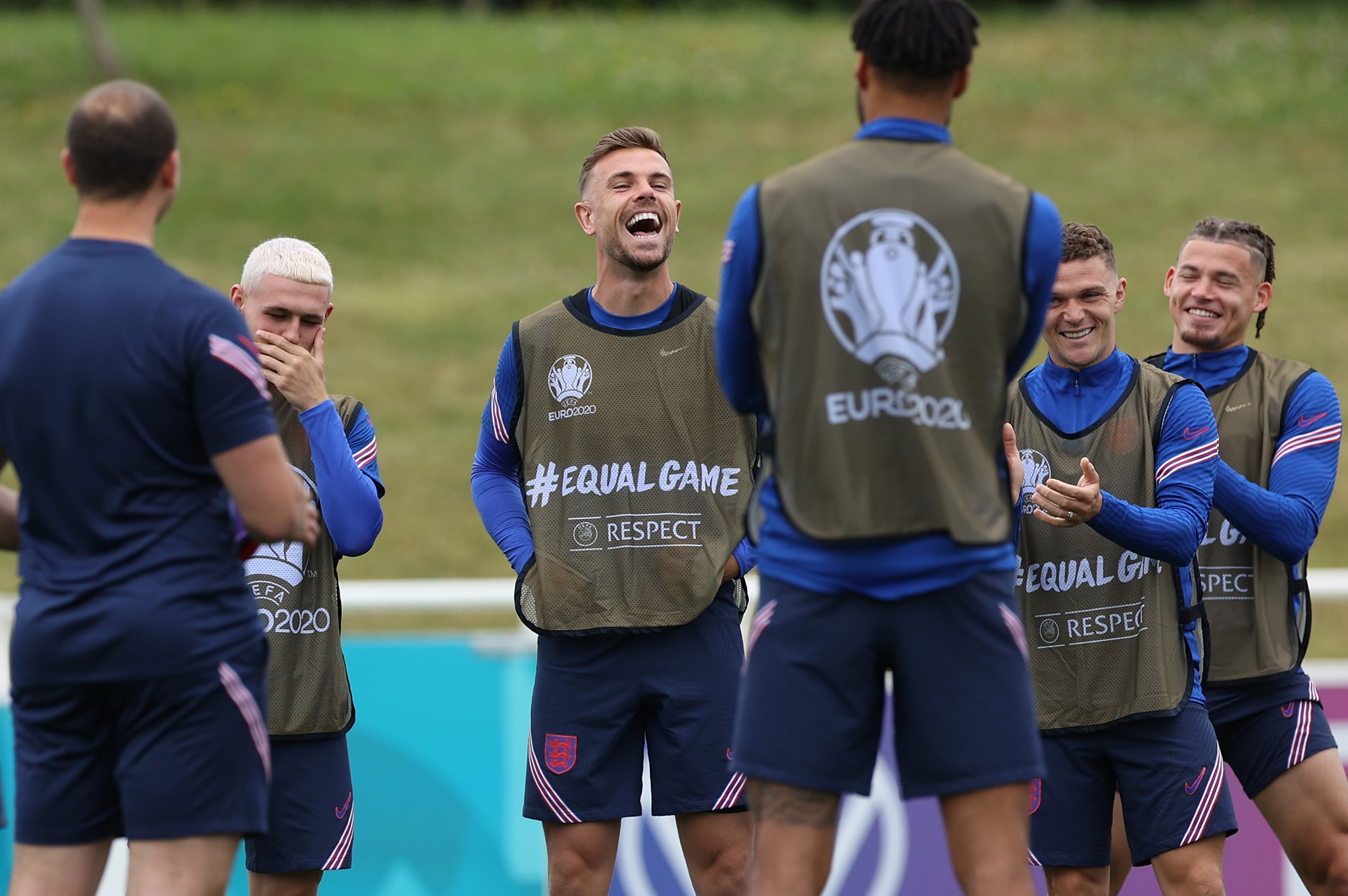 BURTON UPON TRENT, ENGLAND - JUNE 17: Jordan Henderson of England reacts after the team sing him happy birthday during the England Training Session at St George's Park on June 17, 2021 in Burton upon Trent, England.