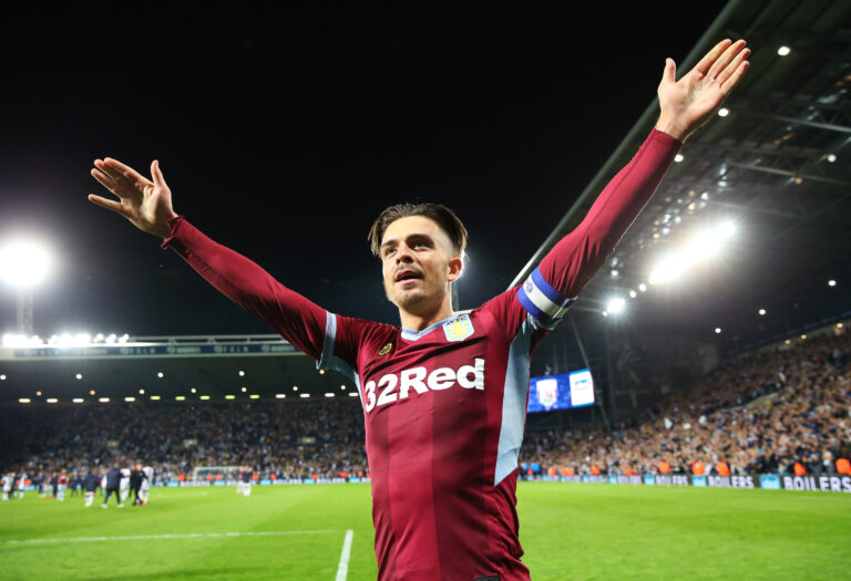 WEST BROMWICH, ENGLAND - MAY 14: Jack Grealish of Aston Villa celebrates victory in the penalty shoot out after the Sky Bet Championship Play-off semi final second leg match between West Bromwich Albion and Aston Villa at The Hawthorns on May 14, 2019 in West Bromwich, England.