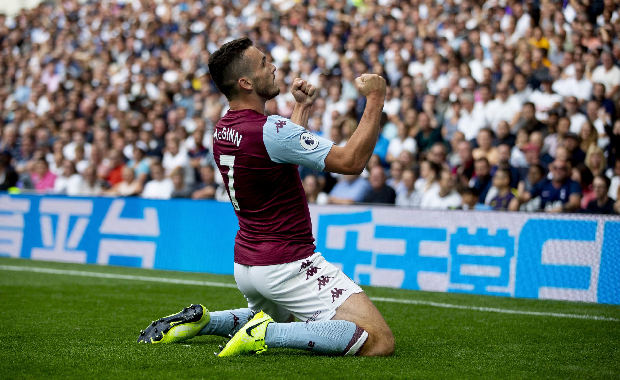 LONDON, ENGLAND - AUGUST 10: John McGinn of Aston Villa scores for Aston Villa during the Premier League match between Tottenham Hotspur and Aston Villa at Tottenham Hotspur Stadium on August 10, 2019 in London, United Kingdom.