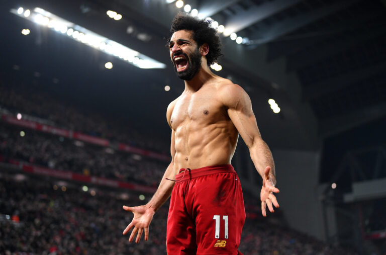 LIVERPOOL, ENGLAND - JANUARY 19: Mohamed Salah of Liverpool celebrates after scoring his team's second goal during the Premier League match between Liverpool FC and Manchester United at Anfield on January 19, 2020 in Liverpool, United Kingdom.