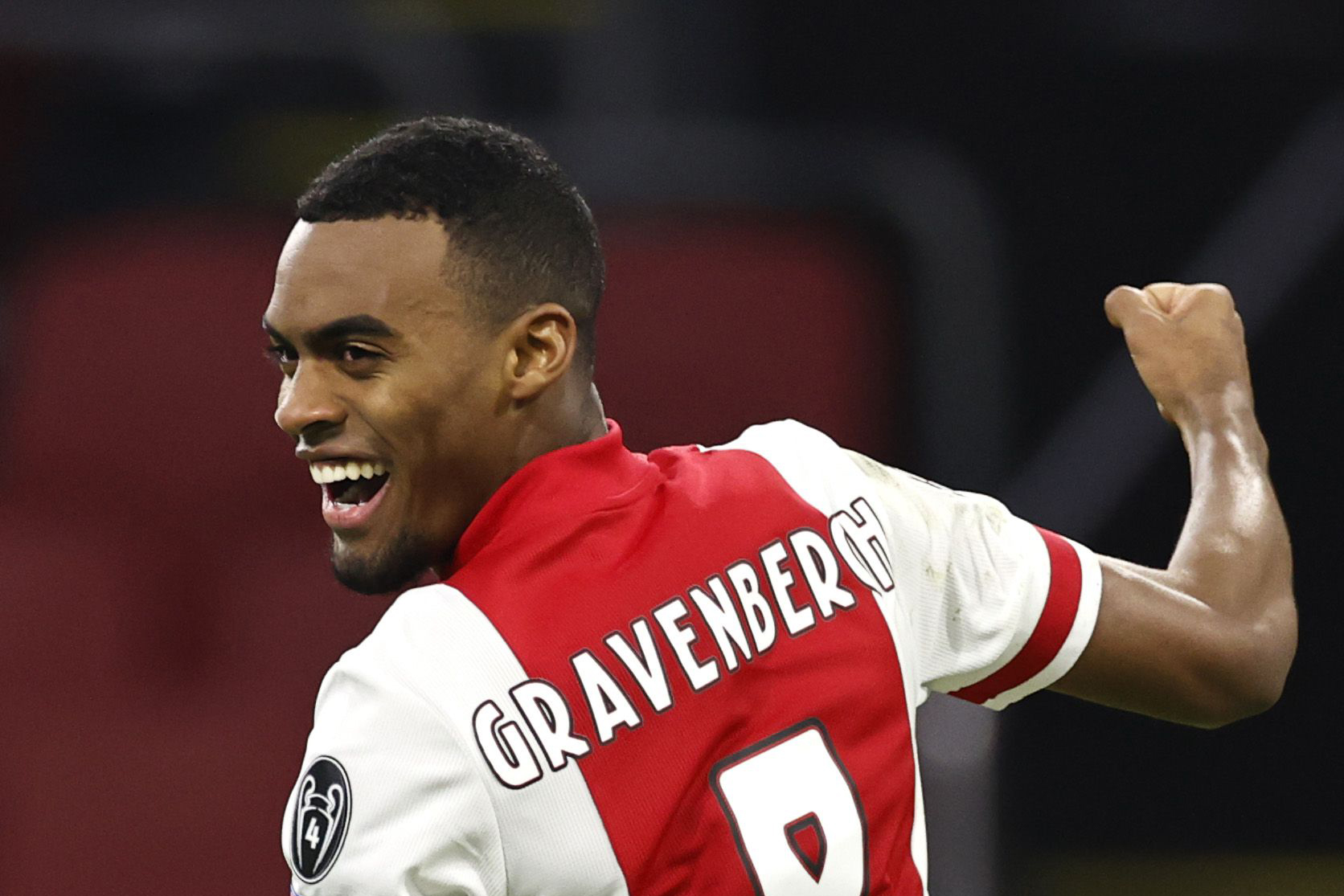 Ajax's Dutch midfielder Ryan Gravenberch celebrates after scoring a goal during the UEFA Champions League Group D football match between Ajax and FC Midtjylland at the Johan Cruijff stadium, in Amsterdam, on November 25, 2020.