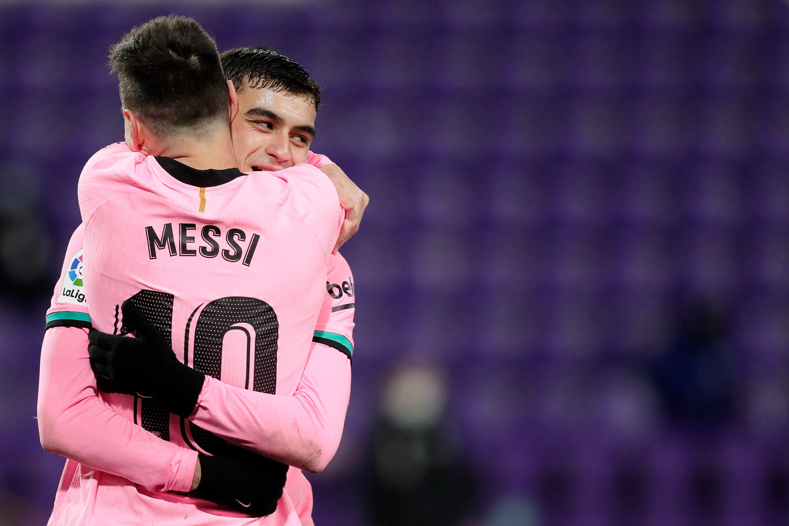 SPAIN - DECEMBER 22: Lionel Messi of FC Barcelona celebrates 0-3 with Pedri of FC Barcelona during the La Liga Santander match between Real Valladolid v FC Barcelona on December 22, 2020 (Photo by David S.