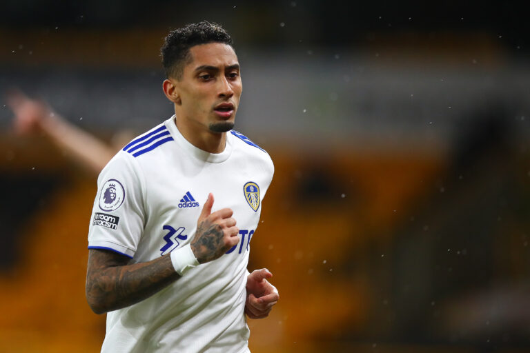 WOLVERHAMPTON, ENGLAND - FEBRUARY 19: Raphinha of Leeds United during the Premier League match between Wolverhampton Wanderers and Leeds United at Molineux on February 19, 2021 in Wolverhampton, United Kingdom.