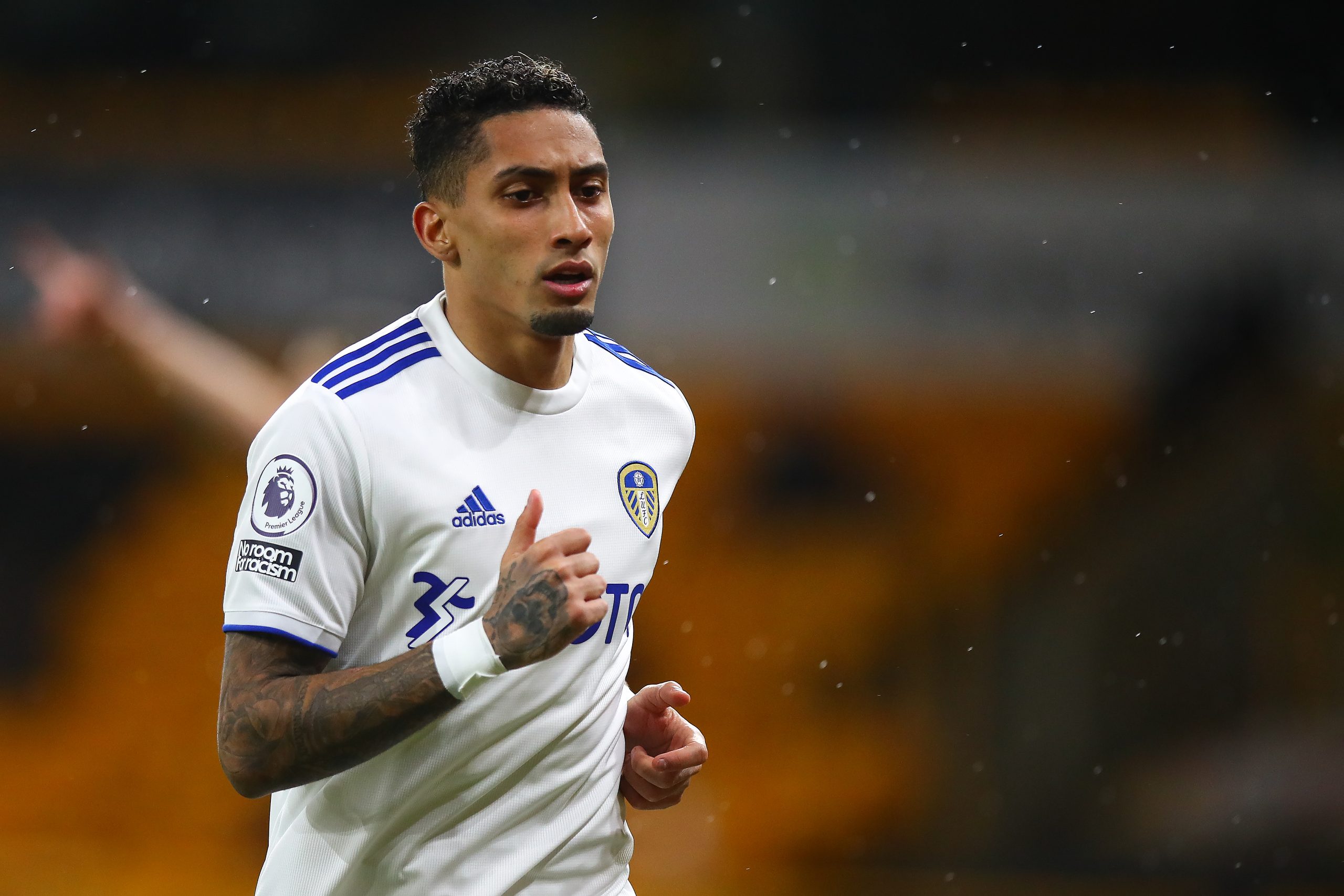 WOLVERHAMPTON, ENGLAND - FEBRUARY 19: Raphinha of Leeds United during the Premier League match between Wolverhampton Wanderers and Leeds United at Molineux on February 19, 2021 in Wolverhampton, United Kingdom.