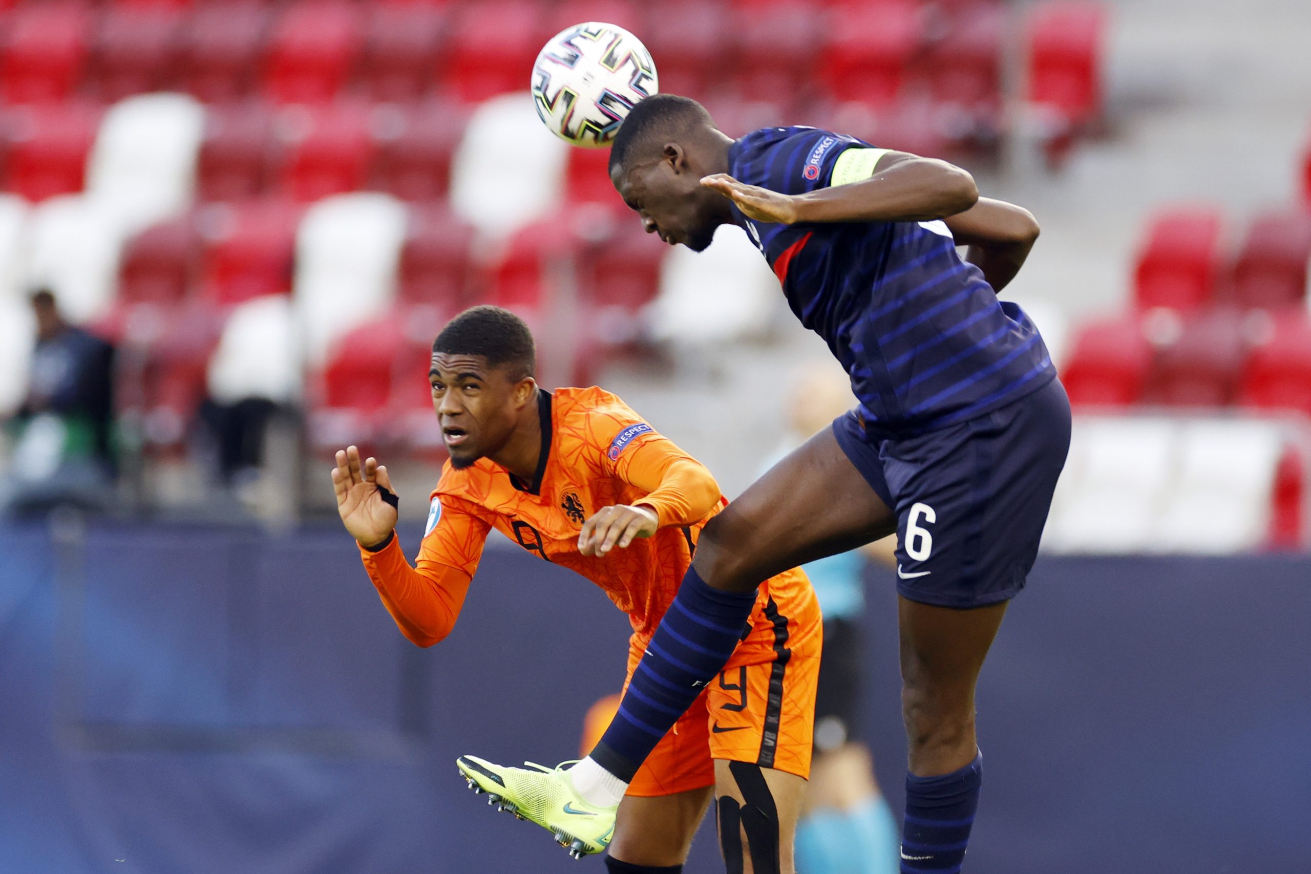 BUDAPEST - (lr) Myron Boadu of Holland, Ibrahima Konate of France during the UEFA EURO U21 quarter-final match between Netherlands U21 and France U21 at the Bozsik Arena on May 31, 2021 in Budapest, Hungary.