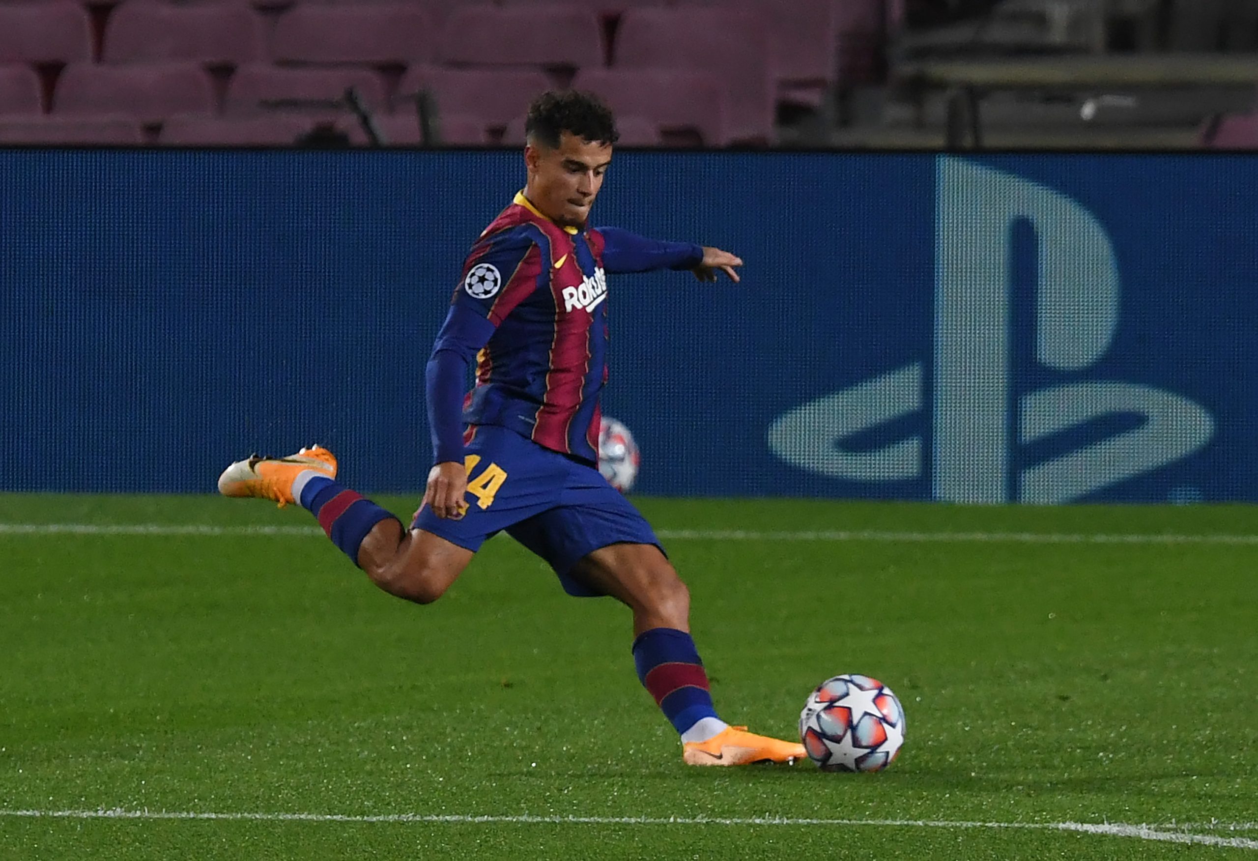 BARCELONA, SPAIN - OCTOBER 20: Philippe Coutinho of FC Barcelona scores his sides third goal during the UEFA Champions League Group G stage match between FC Barcelona and Ferencvaros Budapest at Camp Nou on October 20, 2020 in Barcelona, Spain.