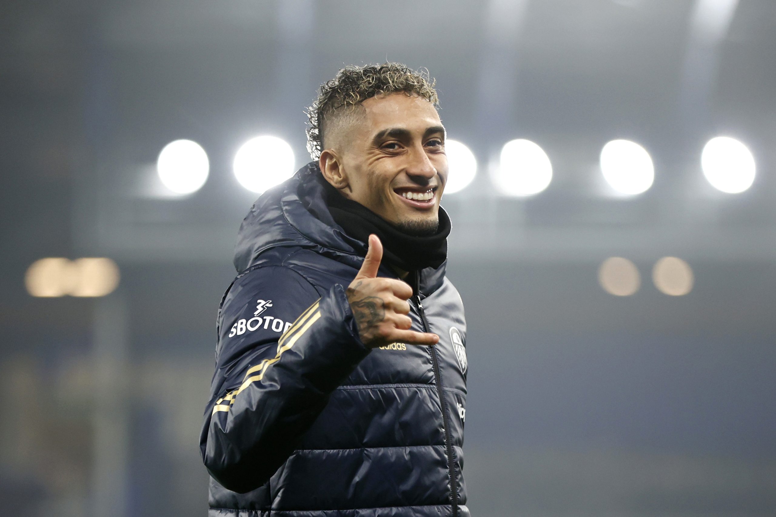 LIVERPOOL, ENGLAND - NOVEMBER 28: Raphinha of Leeds United celebrates following his team's victory in the Premier League match between Everton and Leeds United at Goodison Park on November 28, 2020 in Liverpool, England.