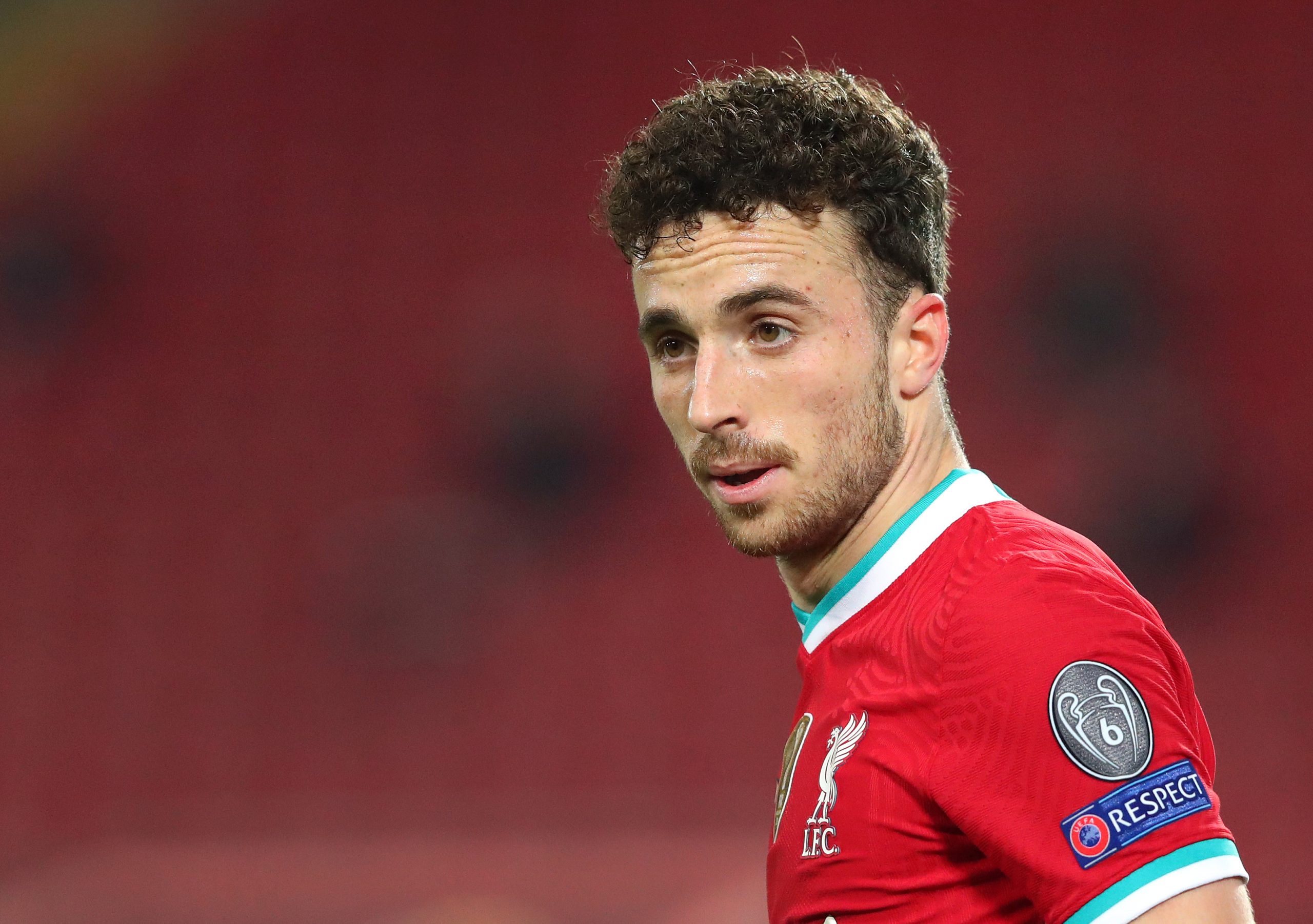 LIVERPOOL, ENGLAND - DECEMBER 01: Diogo Jota of Liverpool FC looks on during the UEFA Champions League Group D stage match between Liverpool FC and Ajax Amsterdam at Anfield on December 01, 2020 in Liverpool, England.