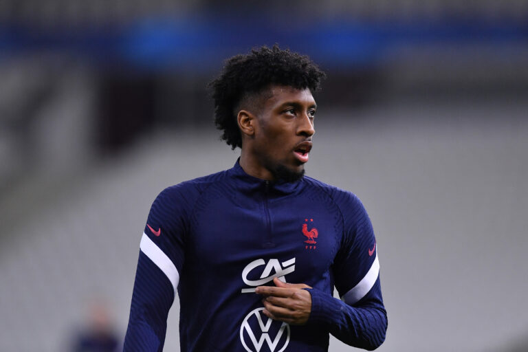 PARIS, FRANCE - MARCH 24: Kingsley Coman of France looks on during the warm up prior to the FIFA World Cup 2022 Qatar qualifying match between France and Ukraine on March 24, 2021 in Paris, France.