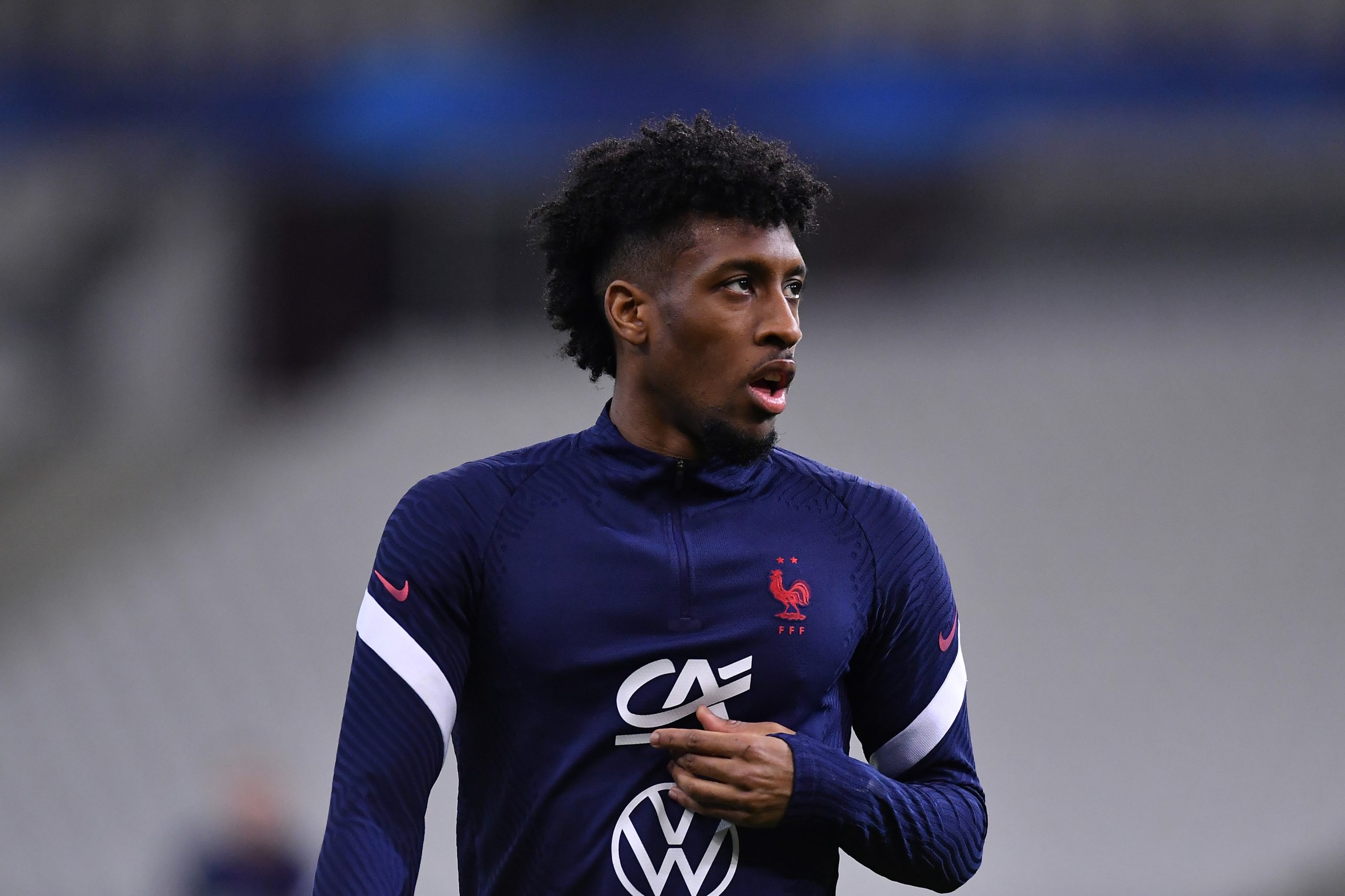 PARIS, FRANCE - MARCH 24: Kingsley Coman of France looks on during the warm up prior to the FIFA World Cup 2022 Qatar qualifying match between France and Ukraine on March 24, 2021 in Paris, France.