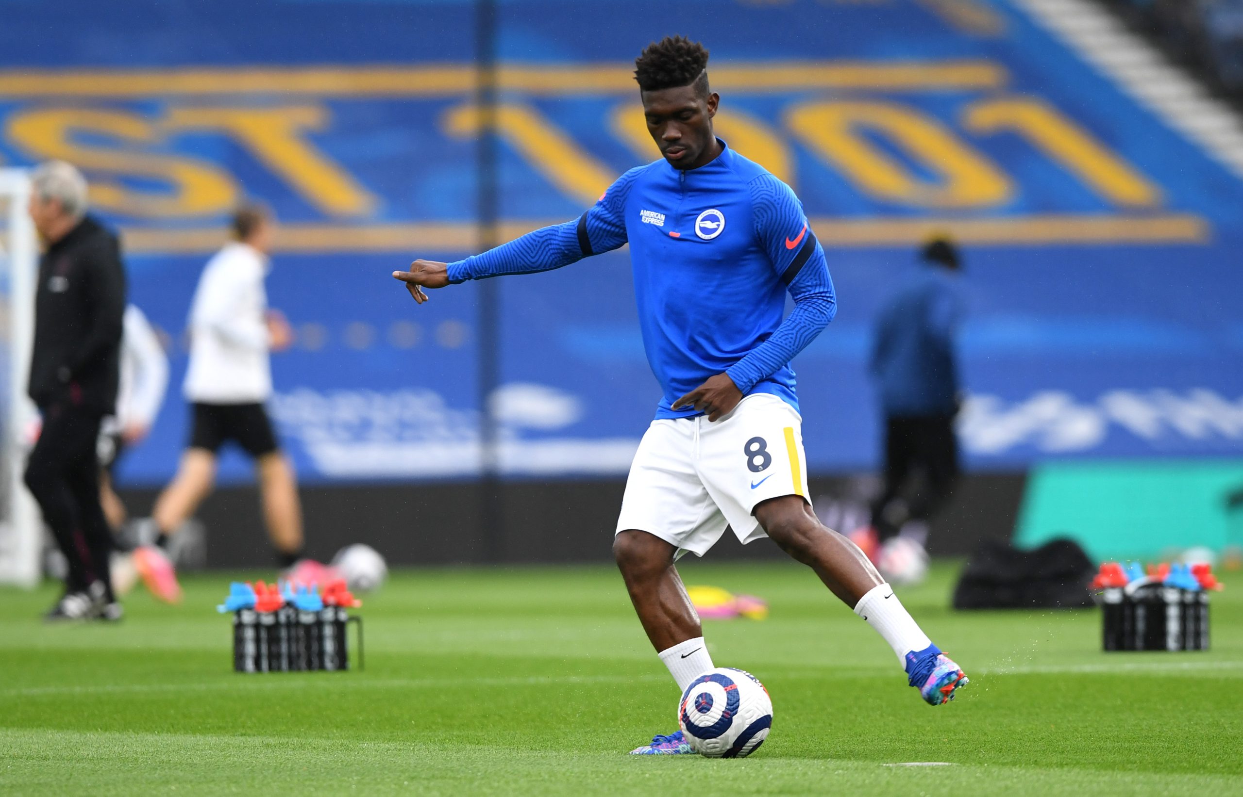 BRIGHTON, ENGLAND - MAY 15: Yves Bissouma of Brighton & Hove Albion warms up prior to the Premier League match between Brighton & Hove Albion and West Ham United at American Express Community Stadium on May 15, 2021 in Brighton, England.
