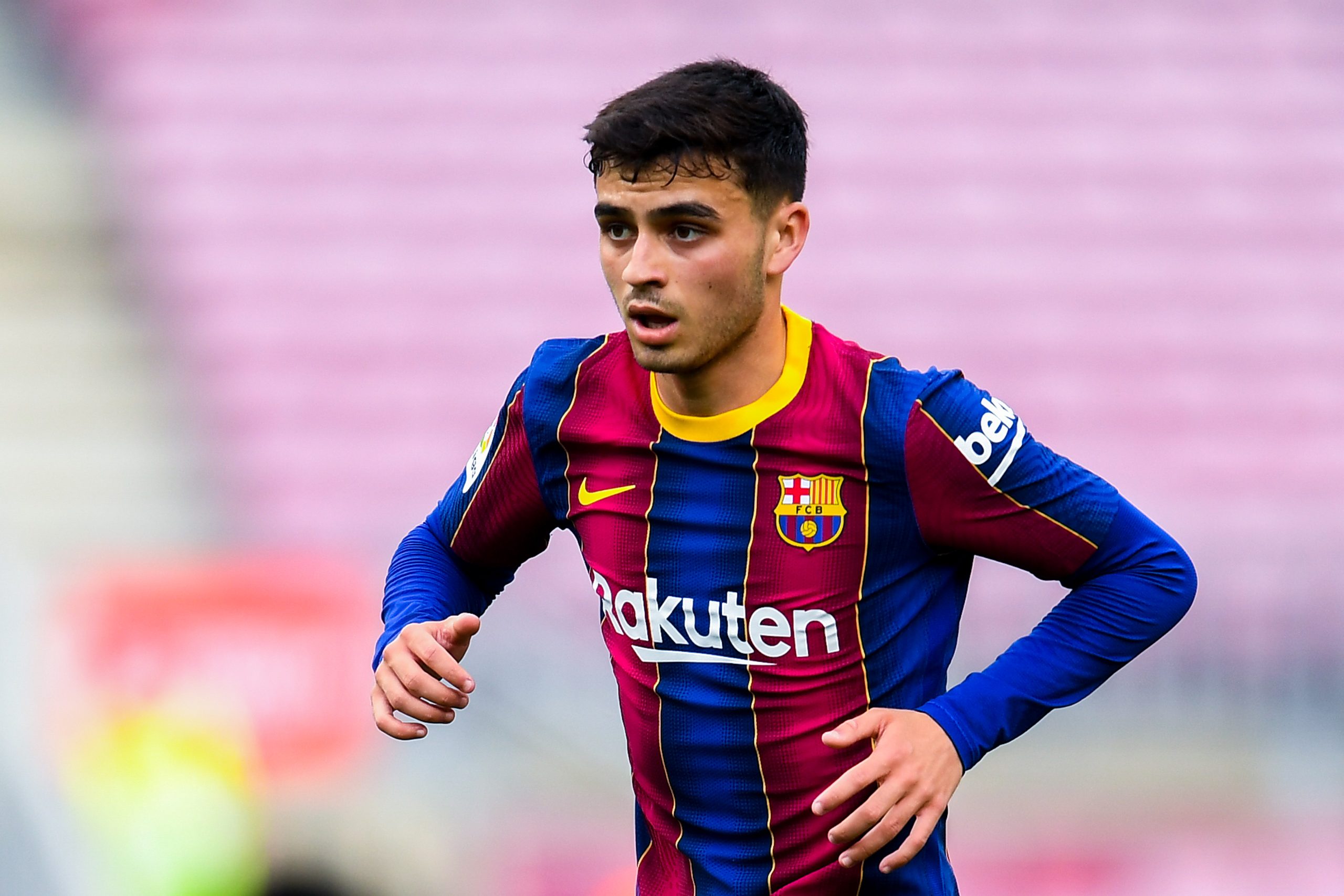 BARCELONA, SPAIN - MAY 16: Pedri of FC Barcelona looks on during the La Liga Santander match between FC Barcelona and RC Celta at Camp Nou on May 16, 2021 in Barcelona, Spain.