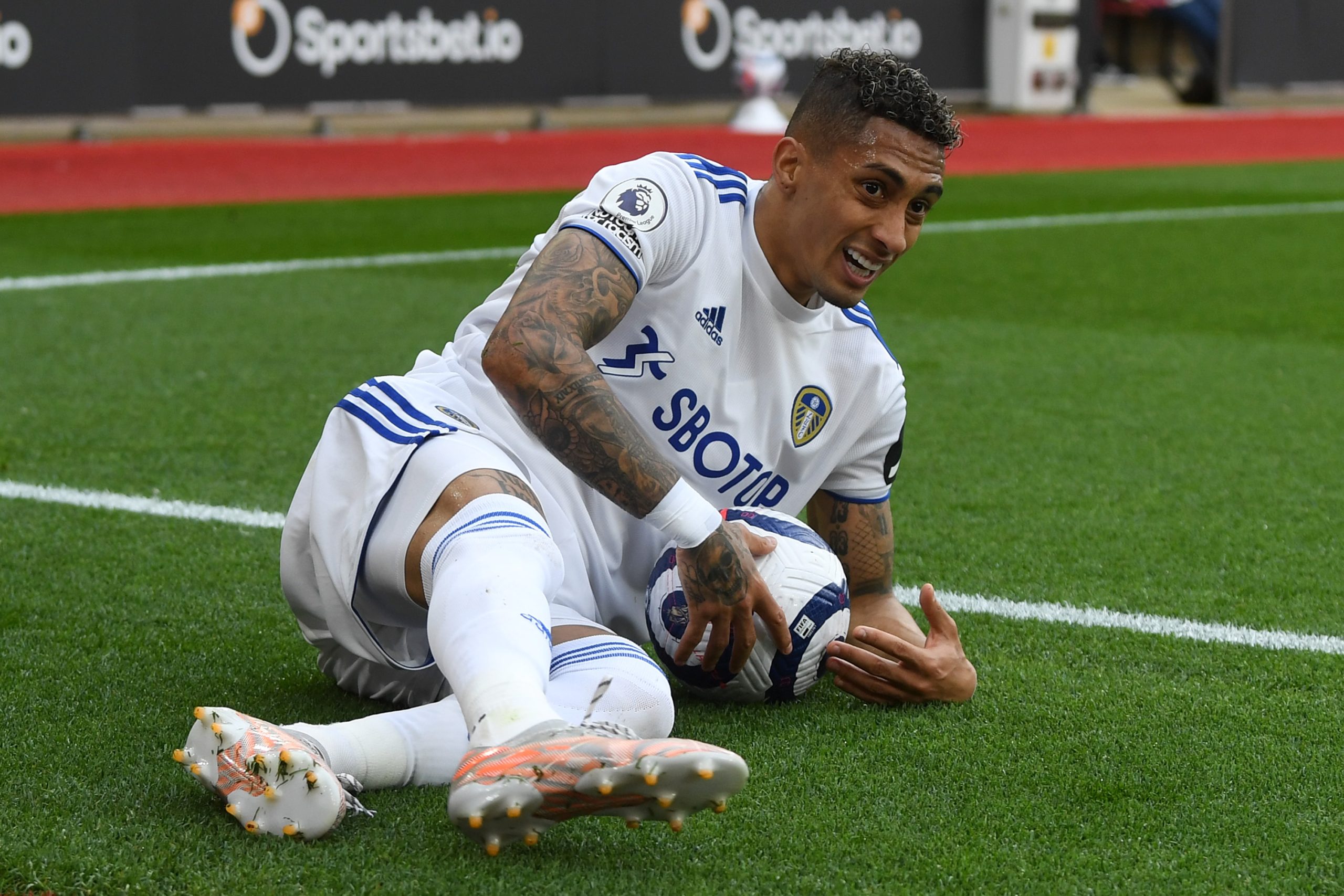 SOUTHAMPTON, ENGLAND - MAY 18: Raphinha of Leeds United looks on during the Premier League match between Southampton and Leeds United at St Mary's Stadium on May 18, 2021 in Southampton, England.