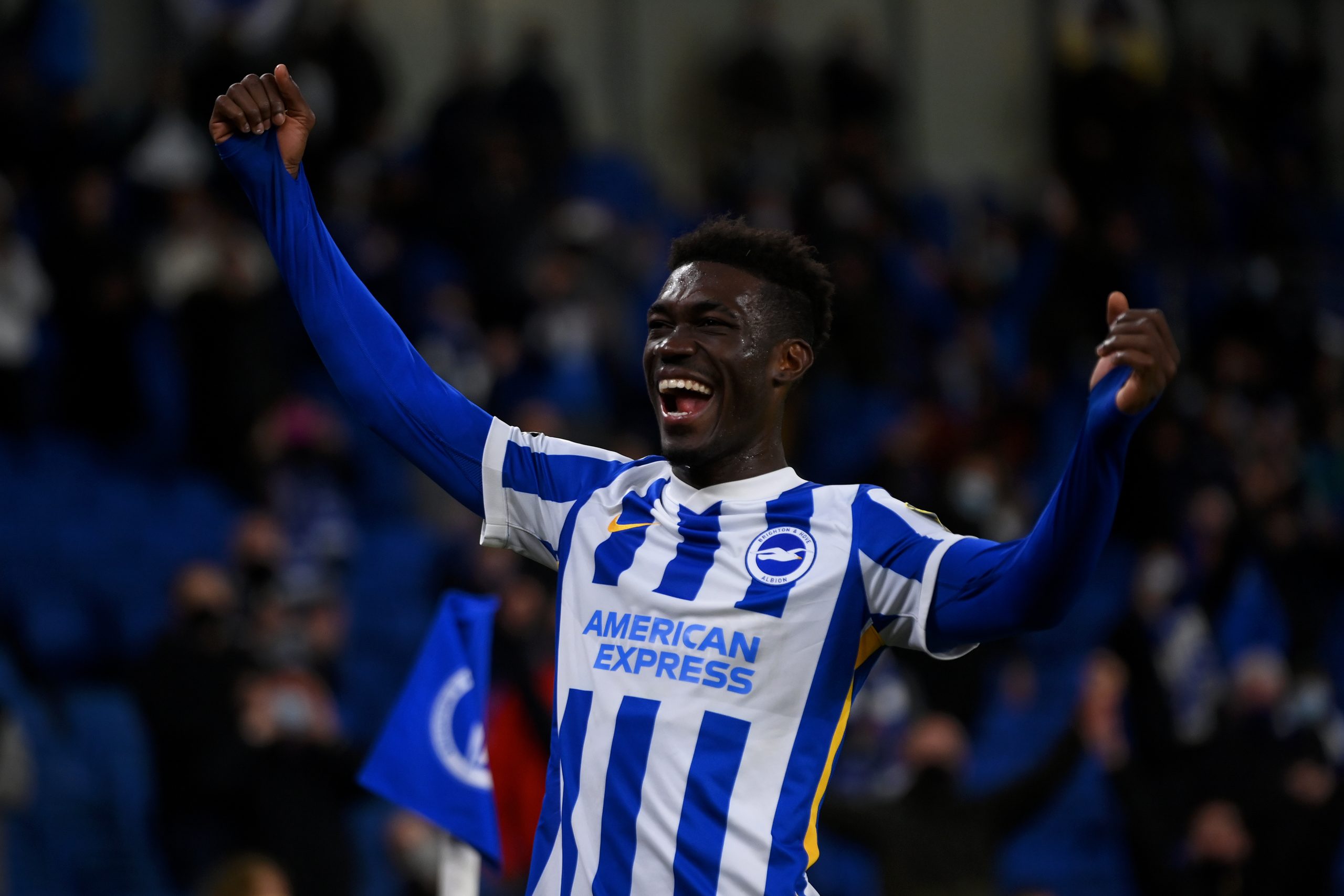 BRIGHTON, ENGLAND - MAY 18: Yves Bissouma of Brighton and Hove Albion celebrates following the Premier League match between Brighton & Hove Albion and Manchester City at American Express Community Stadium on May 18, 2021 in Brighton, England.