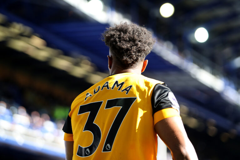 LIVERPOOL, ENGLAND - MAY 19: Adama Traore of Wolverhampton Wanderers looks on during the Premier League match between Everton and Wolverhampton Wanderers at Goodison Park on May 19, 2021 in Liverpool, England. A limited number of fans will be allowed into Premier League stadiums as coronavirus restrictions begin to ease in the UK. (Photo by Jack Thomas - WWFC/Wolves via Getty Images)