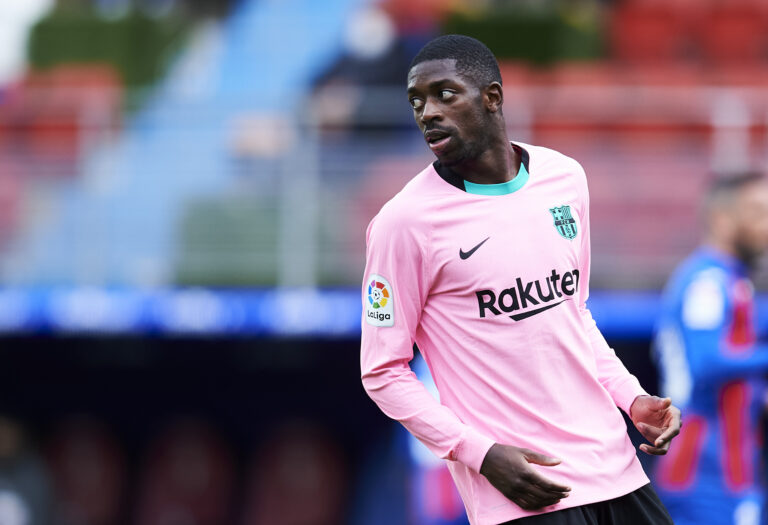 EIBAR, SPAIN - MAY 22: Ousmane Dembele of FC Barcelona reacts during the La Liga Santander match between SD Eibar and FC Barcelona at Estadio Municipal de Ipurua on May 22, 2021 in Eibar, Spain.