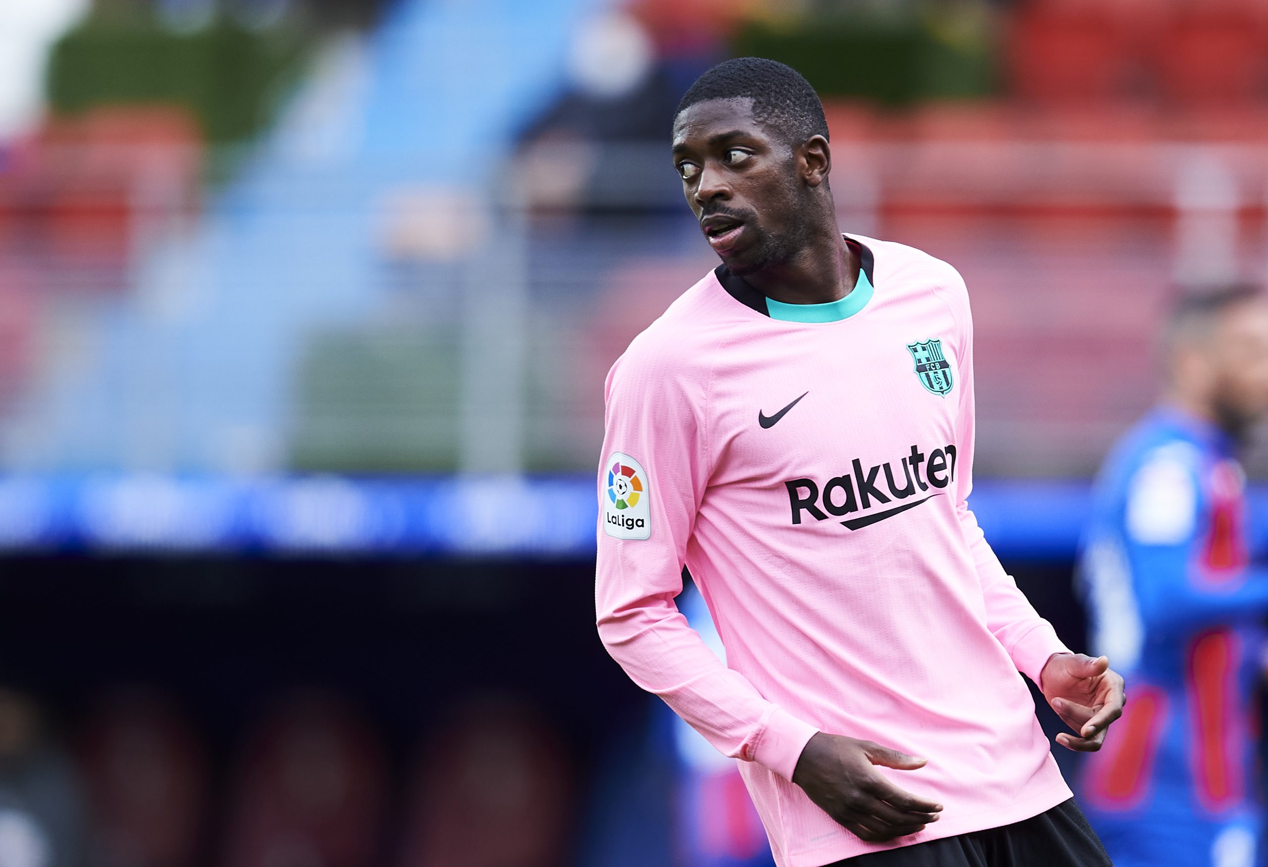 EIBAR, SPAIN - MAY 22: Ousmane Dembele of FC Barcelona reacts during the La Liga Santander match between SD Eibar and FC Barcelona at Estadio Municipal de Ipurua on May 22, 2021 in Eibar, Spain.