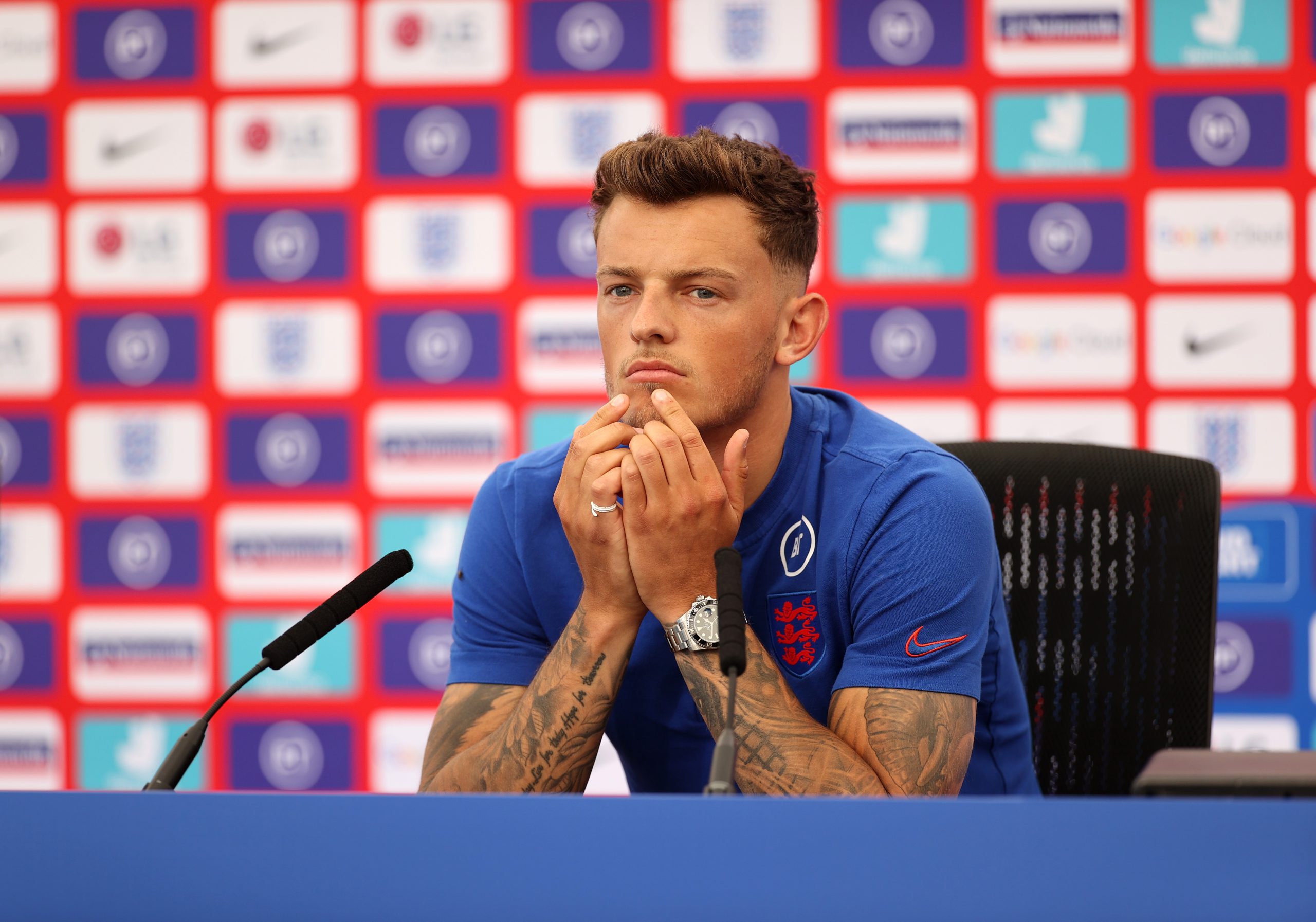 BURTON UPON TRENT, ENGLAND - JUNE 08: Ben White of England talks to the media at St George's Park on June 08, 2021 in Burton upon Trent, England.