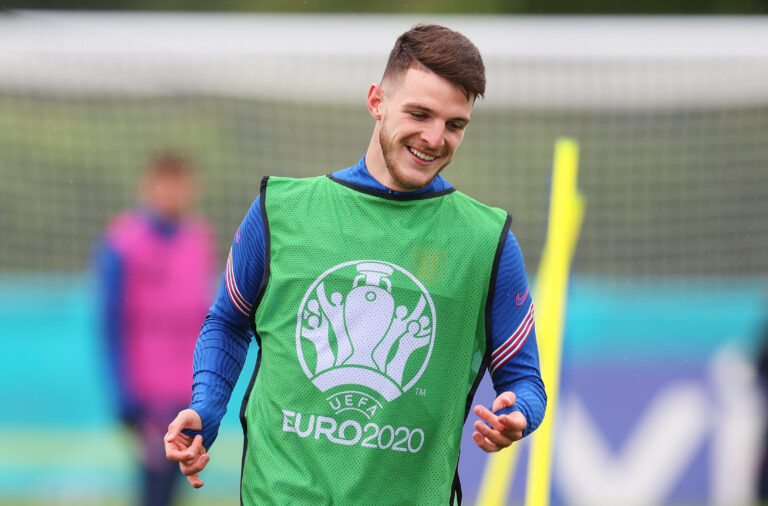 ENFIELD, ENGLAND - JUNE 21: Declan Rice of England reacts during the England Training Session at Tottenham Hotspur Training Centre on June 21, 2021 in Enfield, England.