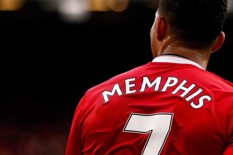 MANCHESTER, ENGLAND - SEPTEMBER 26: A detailed look and the shirt and number 7 worn by Memphis Depay of Manchester United during the Barclays Premier League match between Manchester United and Sunderland at Old Trafford on September 26, 2015 in Manchester, United Kingdom.
