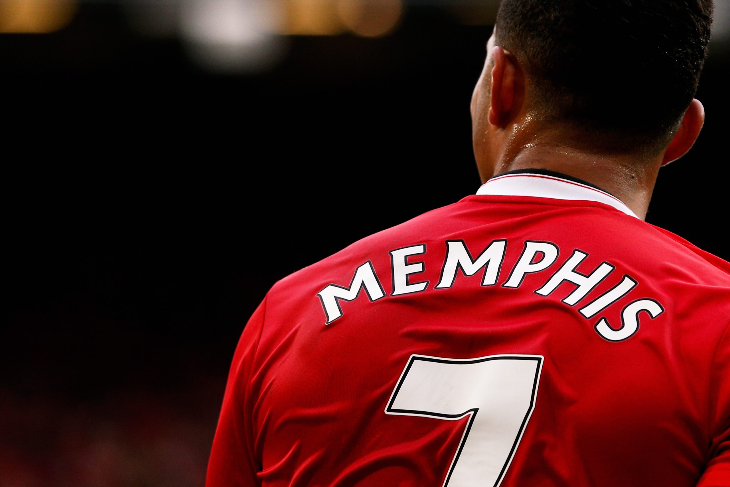 MANCHESTER, ENGLAND - SEPTEMBER 26: A detailed look and the shirt and number 7 worn by Memphis Depay of Manchester United during the Barclays Premier League match between Manchester United and Sunderland at Old Trafford on September 26, 2015 in Manchester, United Kingdom.