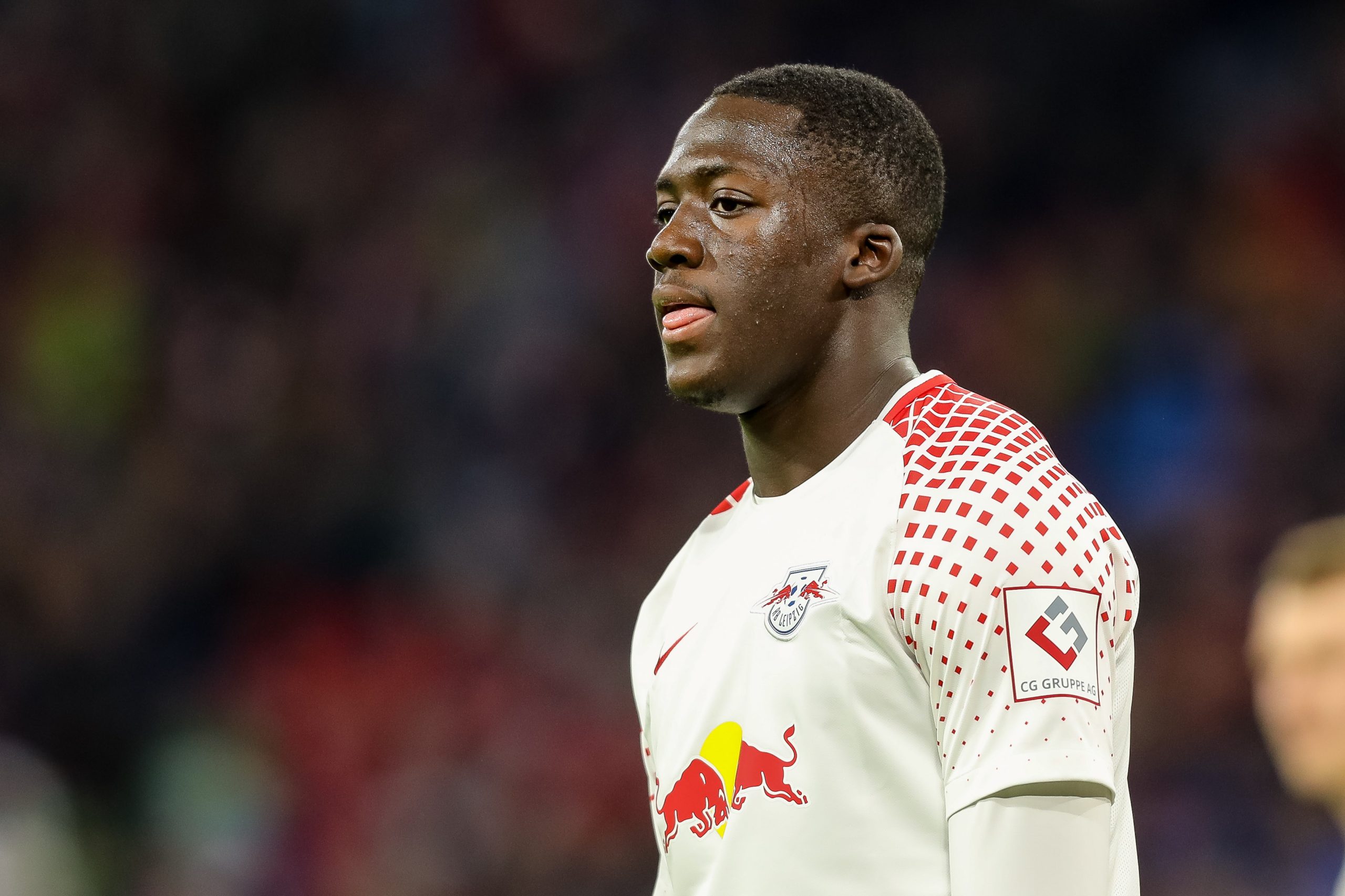 MUNICH, GERMANY - OCTOBER 28: Ibrahima Konate of Leipzig looks on during the Bundesliga match between FC Bayern Muenchen and RB Leipzig at Allianz Arena on October 28, 2017 in Munich, Germany.