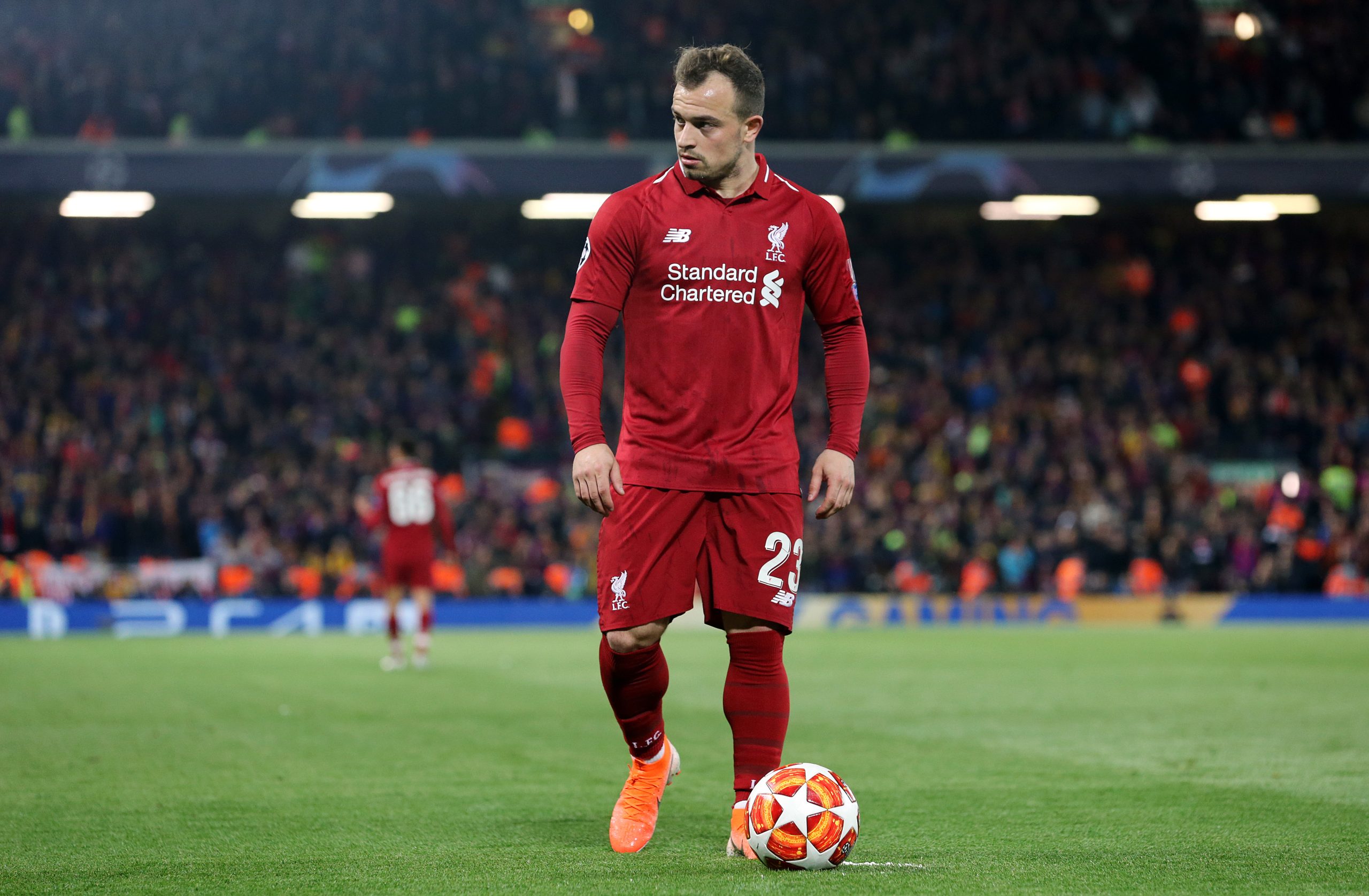 LIVERPOOL, ENGLAND - MAY 07: Liverpool's Xherdan Shaqiriduring the UEFA Champions League Semi Final second leg match between Liverpool and Barcelona at Anfield on May 7, 2019 in Liverpool, England.