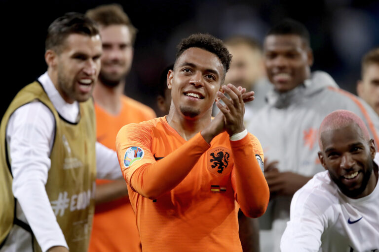 HAMBURG, GERMANY - SEPTEMBER 6: Donyell Malen of Holland celebrates the victory during the EURO Qualifier match between Germany v Holland at the Volkspark Stadium on September 6, 2019 in Hamburg Germany.