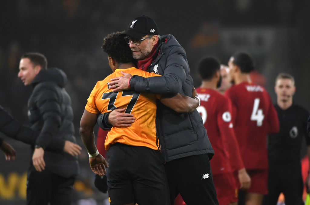 WOLVERHAMPTON, ENGLAND - JANUARY 23: Adama Traore of Wolverhampton Wanderers and Jurgen Klopp the head coach / manager of Liverpool during the Premier League match between Wolverhampton Wanderers and Liverpool FC at Molineux on January 23, 2020 in Wolverhampton, United Kingdom. (Photo by Sam Bagnall - AMA/Getty Images)
