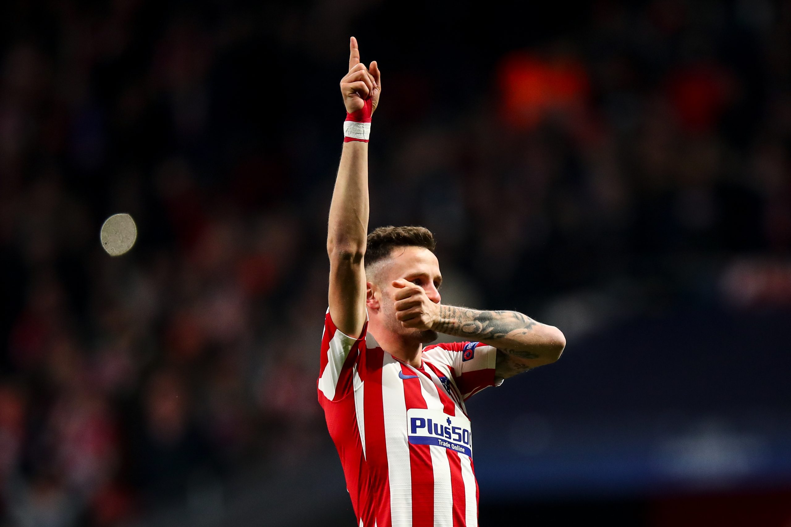 MADRID, SPAIN - FEBRUARY 18: Saul Niguez of Atletico Madrid celebrates after scoring a goal to make it 1-0 during the UEFA Champions League round of 16 first leg match between Atletico Madrid and Liverpool FC at Wanda Metropolitano on February 18, 2020 in Madrid, Spain.