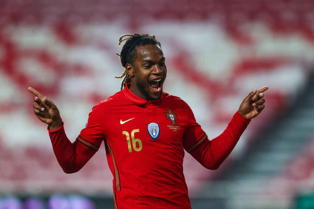 LISBON, PORTUGAL - NOVEMBER 11: Renato Sanches of Portugal and Lille celebrates scoring Portugal third goal during the international friendly match between Portugal and Andorra at Estadio da Luz on November 11, 2020 in Lisbon, Portugal. (Photo by Carlos Rodrigues/Getty Images)