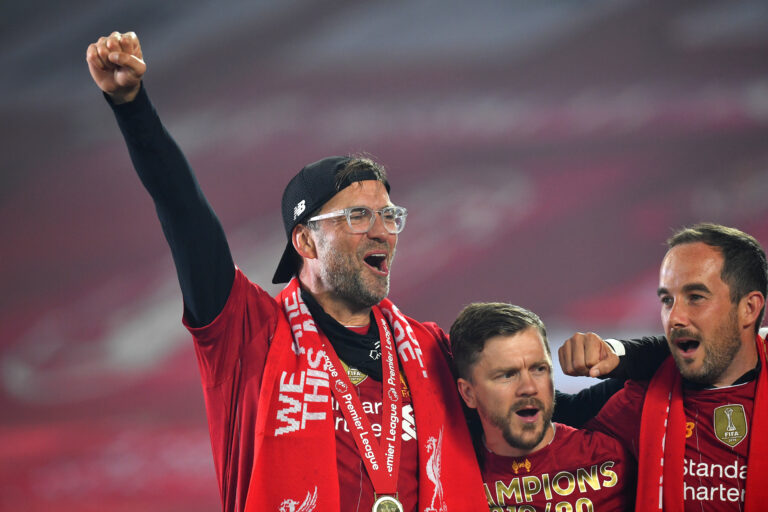 LIVERPOOL, ENGLAND - JULY 22: Jurgen Klopp, Manager of Liverpool celebrates following the Premier League match between Liverpool FC and Chelsea FC at Anfield on July 22, 2020 in Liverpool, England.