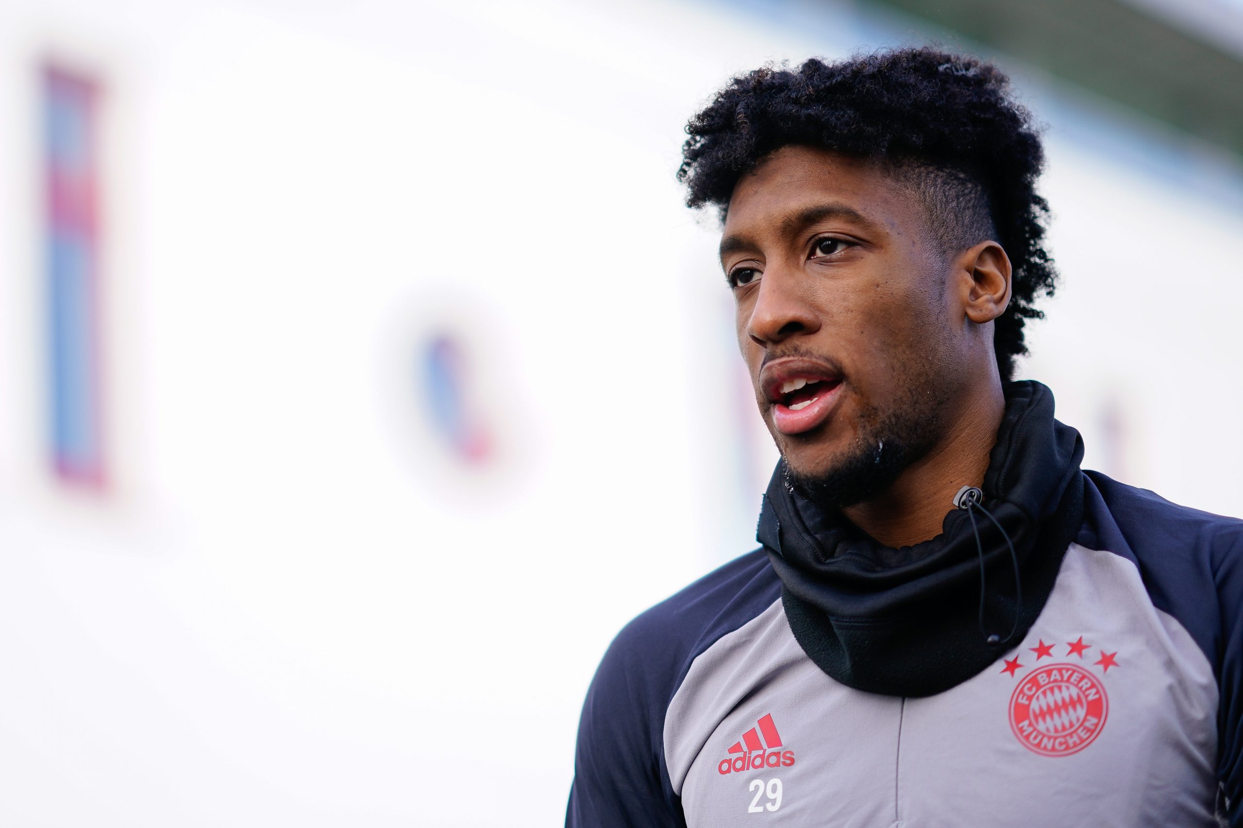 Kingsley Coman of FC Bayern Muenchen arrives for a training session a day before the UEFA Champions League Group A stage match between FC Bayern Muenchen and Atletico Madrid at Saebener Strasse training ground on November 30, 2020 in Munich, Germany.