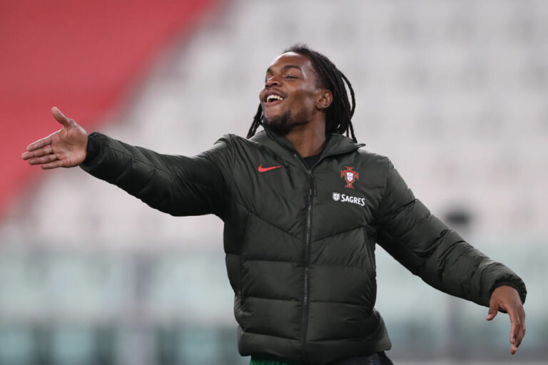TURIN, ITALY - MARCH 24: Renato Sanches of Portugal reacts as he warms up during the half time interval of the FIFA World Cup 2022 Qatar qualifying match between Portugal and Azerbaijan at Allianz Stadium on March 24, 2021 in Turin, Italy.