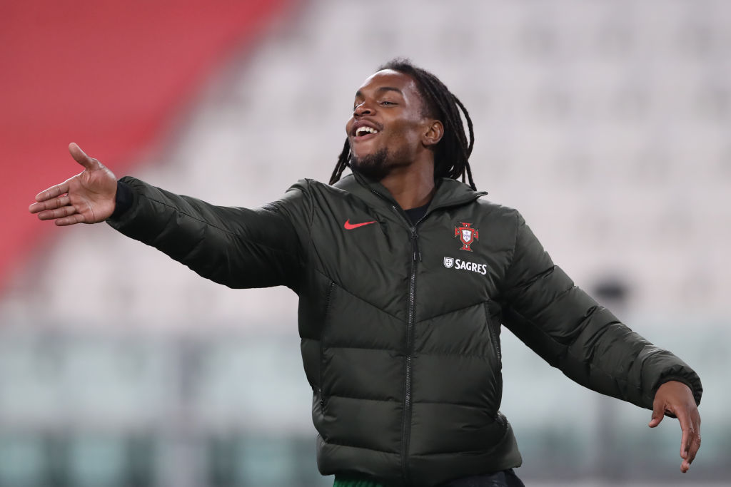 TURIN, ITALY - MARCH 24: Renato Sanches of Portugal reacts as he warms up during the half time interval of the FIFA World Cup 2022 Qatar qualifying match between Portugal and Azerbaijan at Allianz Stadium on March 24, 2021 in Turin, Italy.