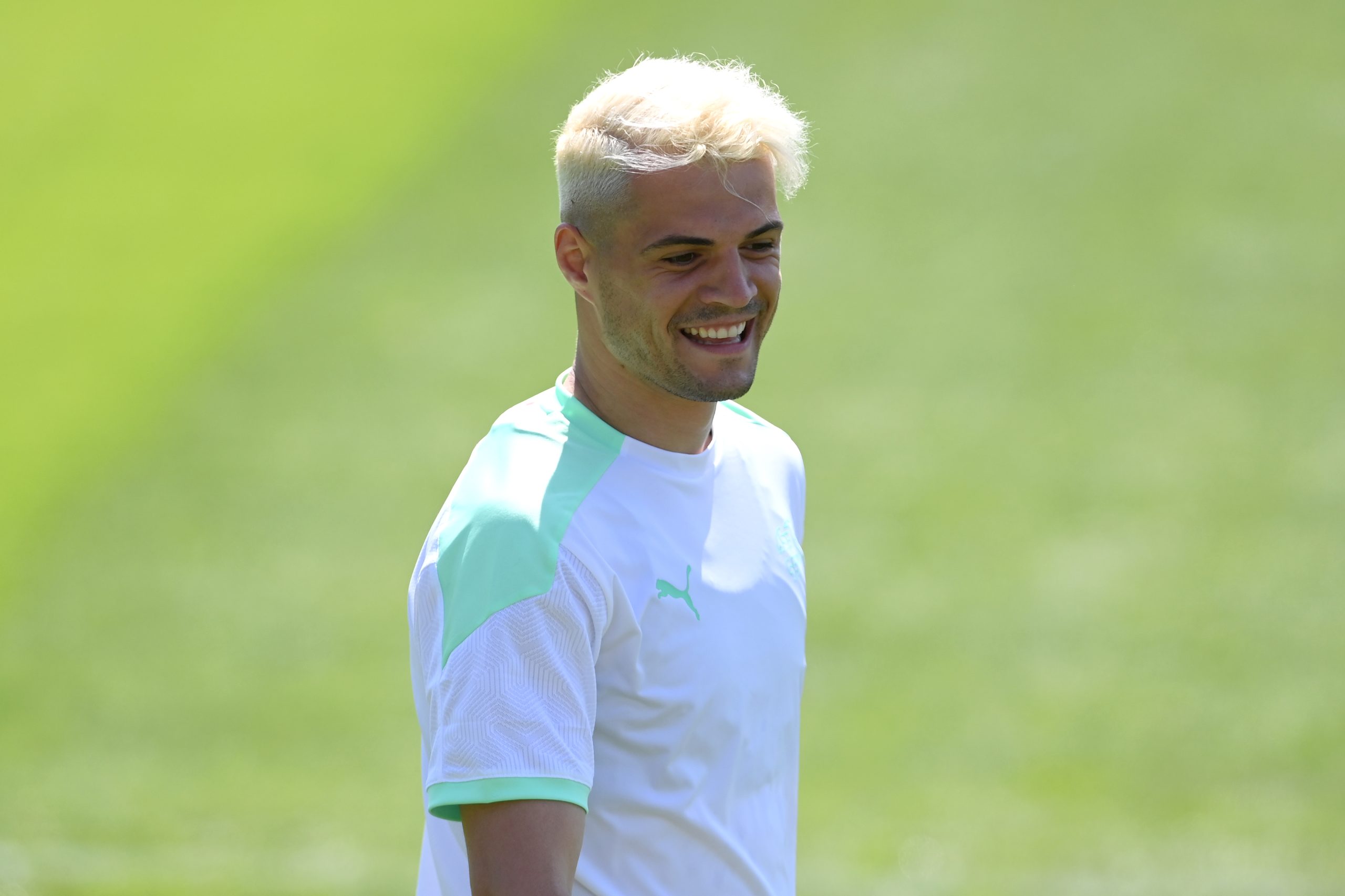 ROME, ITALY - JUNE 15: Granit Xhaka of Switzerland reacts during the Switzerland Training Session ahead of the Euro 2020 Group A match between Italy and Switzerland at Stadio Tre Fontane on June 15, 2021 in Rome, Italy.