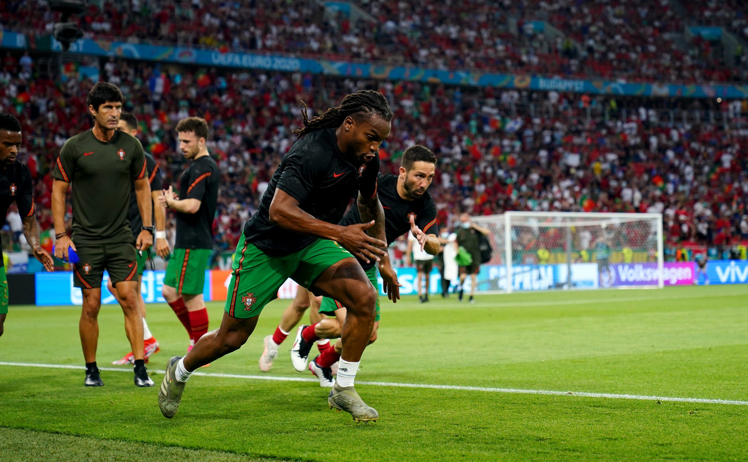 BUDAPEST, HUNGARY - JUNE 23: Renato Sanches of Portugal warms up prior to during the UEFA Euro 2020 Championship Group F match between Portugal and France at Puskas Arena on June 23, 2021 in Budapest, Hungary.