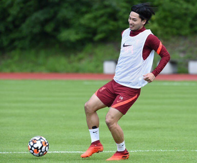 UNSPECIFIED, AUSTRIA - JULY 19:(THE SUN OUT, THE SUN ON SUNDAY OUT) Takumi Minamino of Liverpool during a training session on July 19, 2021 in UNSPECIFIED, Austria. (Photo by John Powell/Liverpool FC via Getty Images)