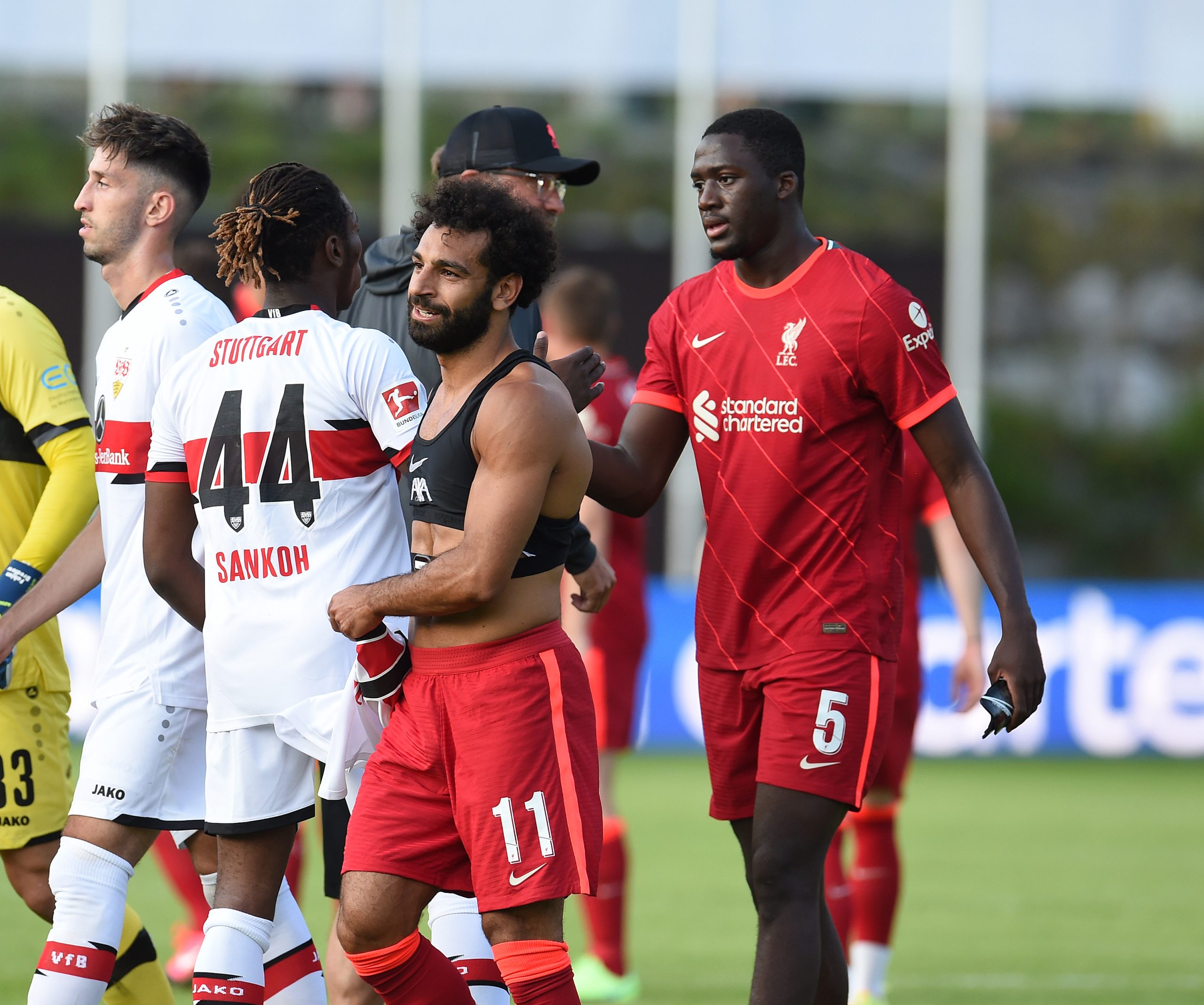 SAALFELDEN, AUSTRIA - JULY 20: (THE SUN OUT, THE SUN ON SUNDAY OUT) Liverpool's Mohamed Salah and Ibrahima Konate during a Pre Season friendly between FC Liverpool and VfB Stuttgart on July 20, 2021 in Saalfelden, Austria. (Photo by John Powell/Liverpool FC via Getty Images) (Photo by John Powell/Liverpool FC via Getty Images)