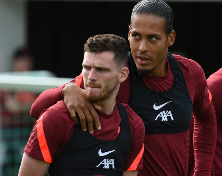 UNSPECIFIED, AUSTRIA - JULY 25: (THE SUN OUT. THE SUN ON SUNDAY OUT) Andy Robertson of Liverpool with Virgil van Dijk of Liverpool during a training session on July 25, 2021 in UNSPECIFIED, Austria. (Photo by John Powell/Liverpool FC via Getty Images)