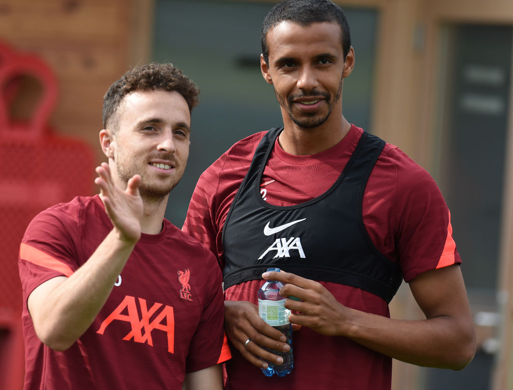 UNSPECIFIED, AUSTRIA - JULY 25: (THE SUN OUT. THE SUN ON SUNDAY OUT) Diogo Jota of Liverpool with Joel Matip of Liverpool during a training session on July 25, 2021 in UNSPECIFIED, Austria. (Photo by John Powell/Liverpool FC via Getty Images)
