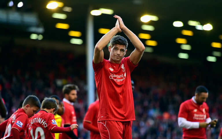 LIVERPOOL, ENGLAND - MAY 16: Steven Gerrard of Liverpool applauds the Kop end after he Barclays Premier League match betrween Liverpool and Crystal Palace at Anfield on May 16, 2015 in Liverpool, England. (Photo by Stu Forster/Getty Images)