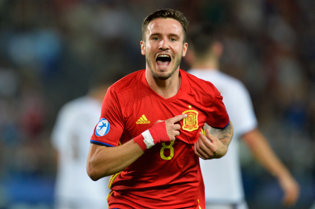 KRAKOW, POLAND - JUNE 27: Saul Niguez of Spain celebrates scoring his sides first goal during the UEFA European Under-21 Championship Semi Final match between Spain and Italy at Krakow Stadium on June 27, 2017 in Krakow, Poland. (Photo by Adam Nurkiewicz/Getty Images)