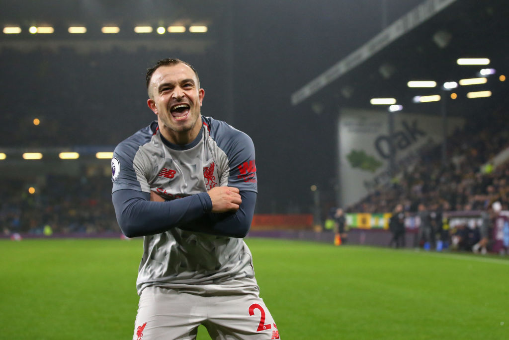 BURNLEY, ENGLAND - DECEMBER 05: Xherdan Shaqiri of Liverpool celebrates after scoring his team's third goal during the Premier League match between Burnley FC and Liverpool FC at Turf Moor on December 5, 2018 in Burnley, United Kingdom. (Photo by Alex Livesey/Getty Images)